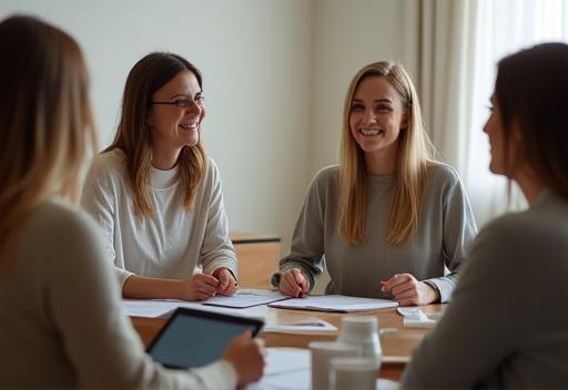 Two professionals having a positive career coaching discussion